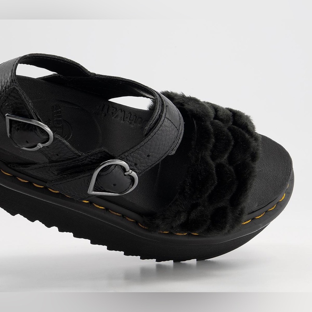 Dr Martens Voss Quad Fluffy Faux-Fur Black Platform Sandals 7